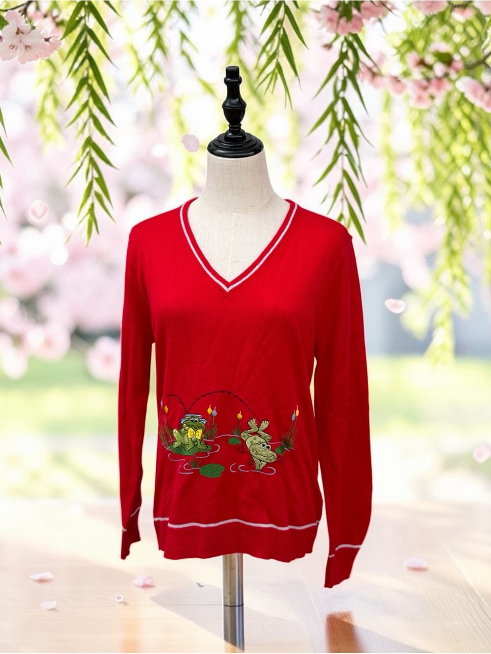Vintage Adee of California Red Frog V-Neck Sweater - Size M